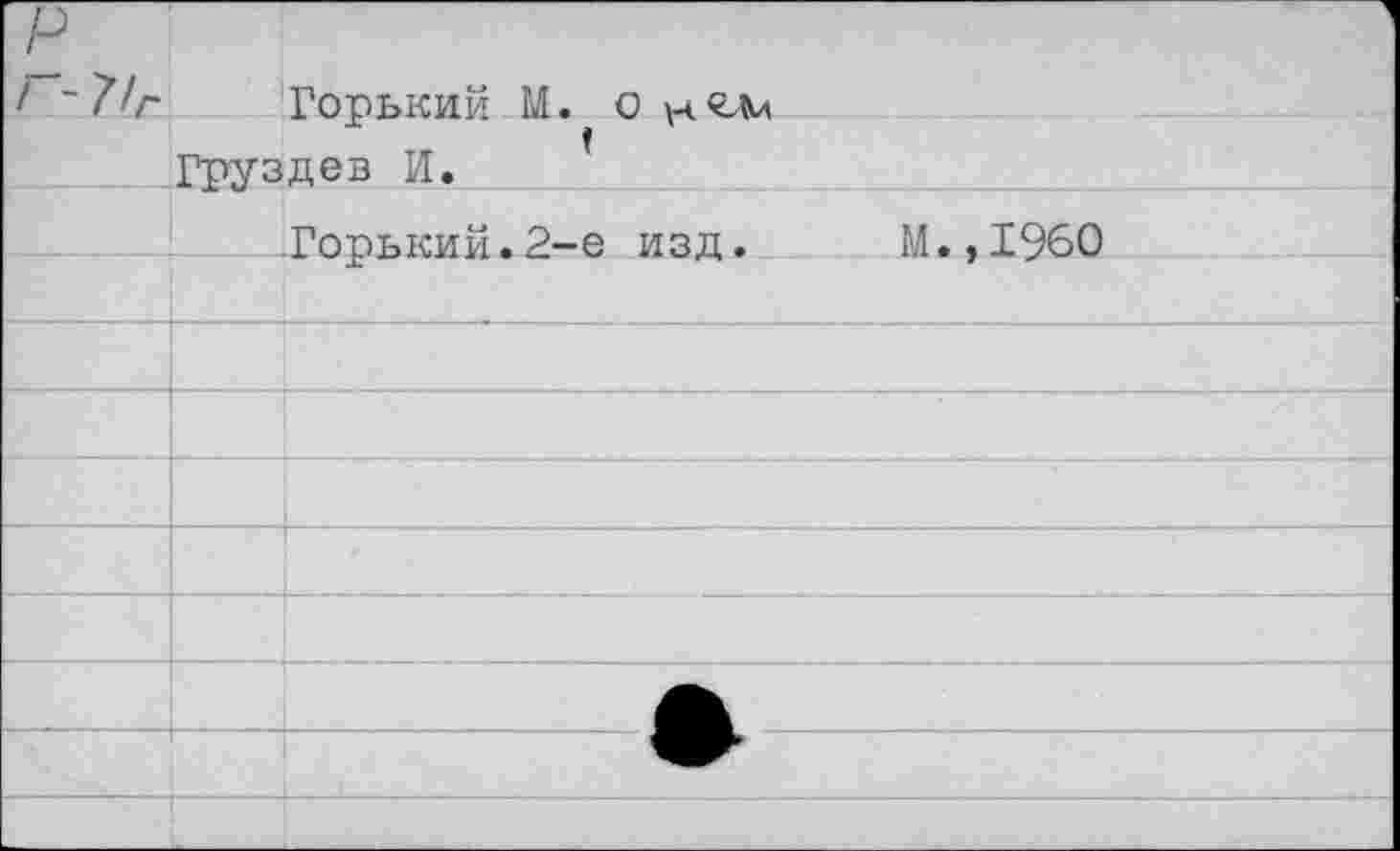 ﻿г- 7/г	Горький М. о
	Груздев И.
	Горький.2-е изд.	М.,1960
	
	
	
	
	
	
	
	
	